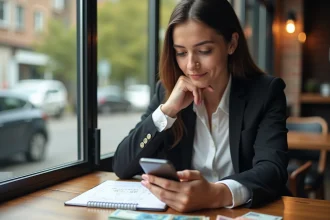 Jeune femme examine son smartphone avec une appli de change