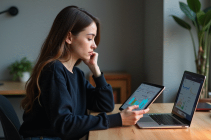 Jeune femme examine une tablette avec diagrammes blockchain