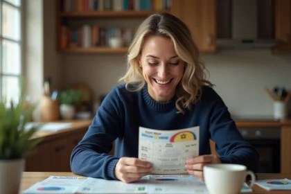 Femme tenant un ticket EuroMillions Étoile Plus et vérifiant ses gains potentiels à la maison