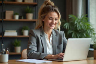 Femme confiante travaillant à domicile avec ordinateur