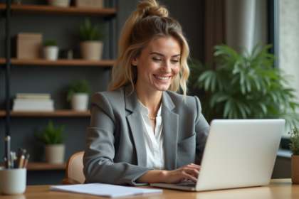 Femme confiante travaillant à domicile avec ordinateur