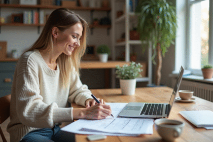 Femme travaillant sur ses impots à la maison dans un intérieur lumineux