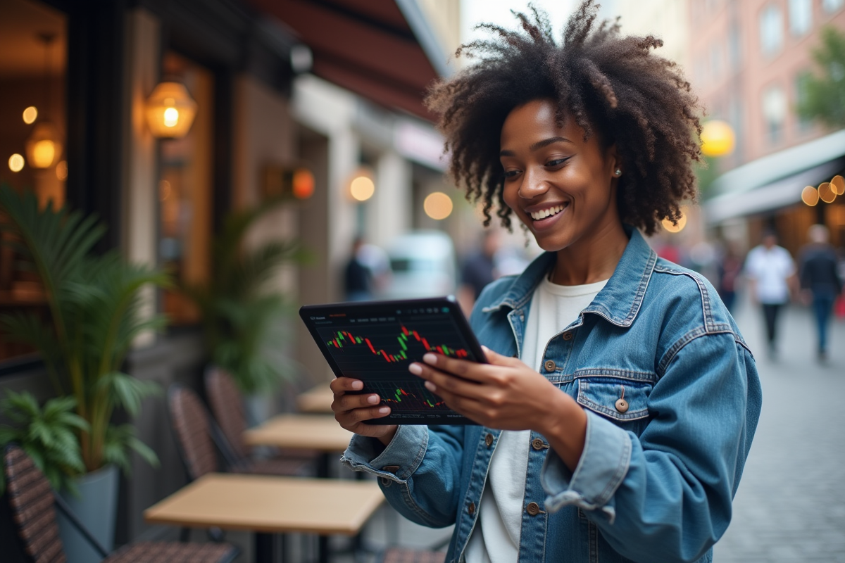Femme urbaine avec tablette crypto en extérieur