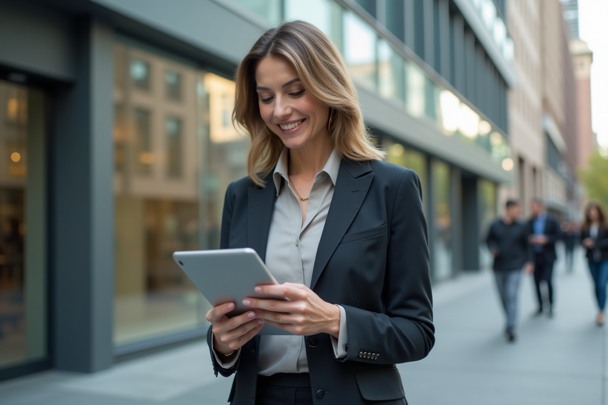 Femme d affaires vérifie sa tablette devant un bâtiment moderne