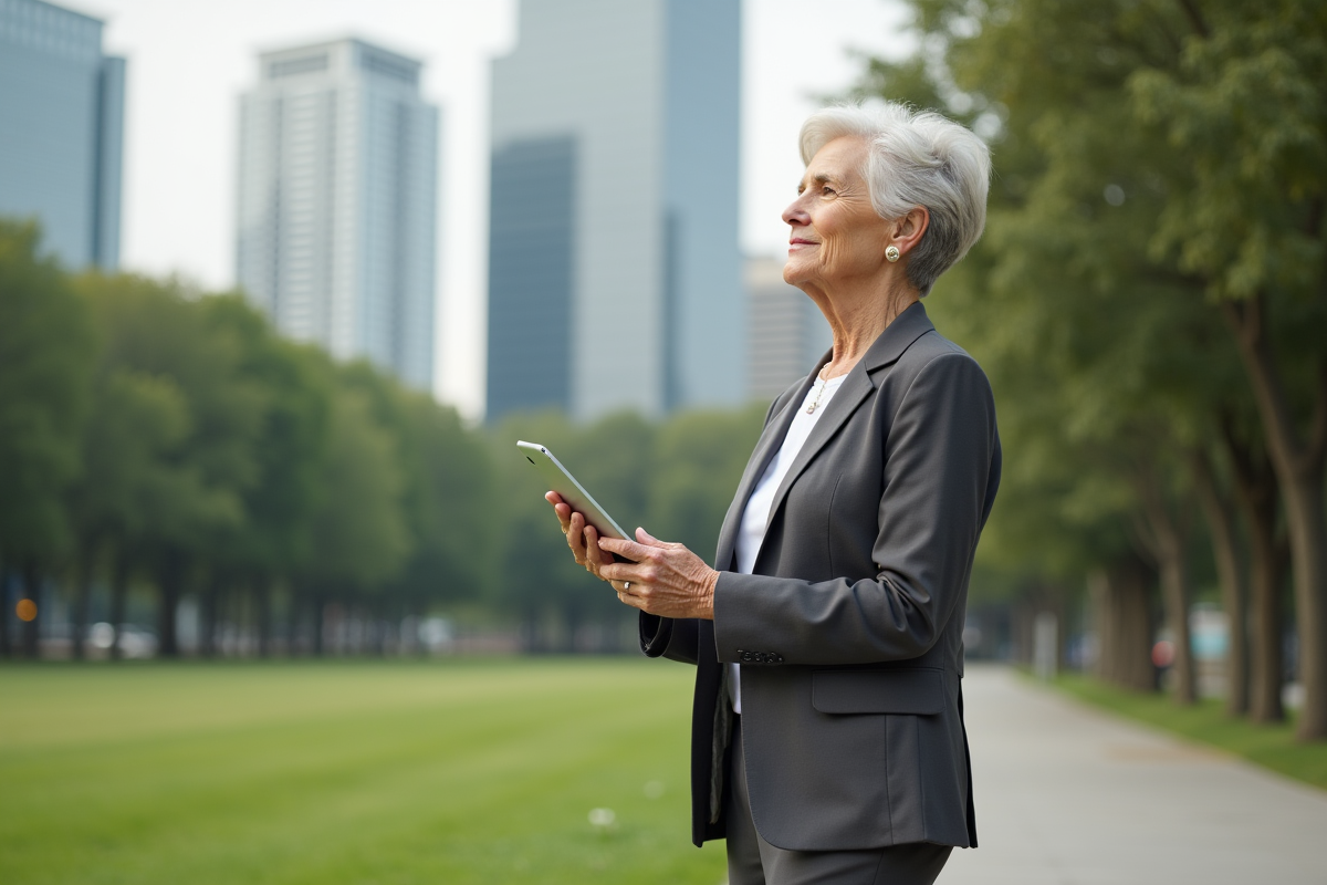 Femme âgée regardant la ville avec une tablette en main