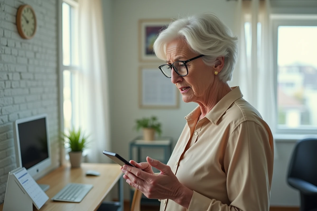 Femme de 60 ans vérifiant son application bancaire après une variation de son allocation chômage mensuelle