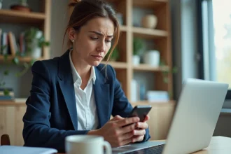 Femme consultant son application bancaire sur smartphone et ordinateur portable un samedi pour suivre un virement en attente