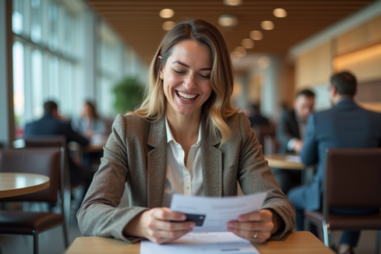 Femme d'affaires surprise dans un lounge aéroport