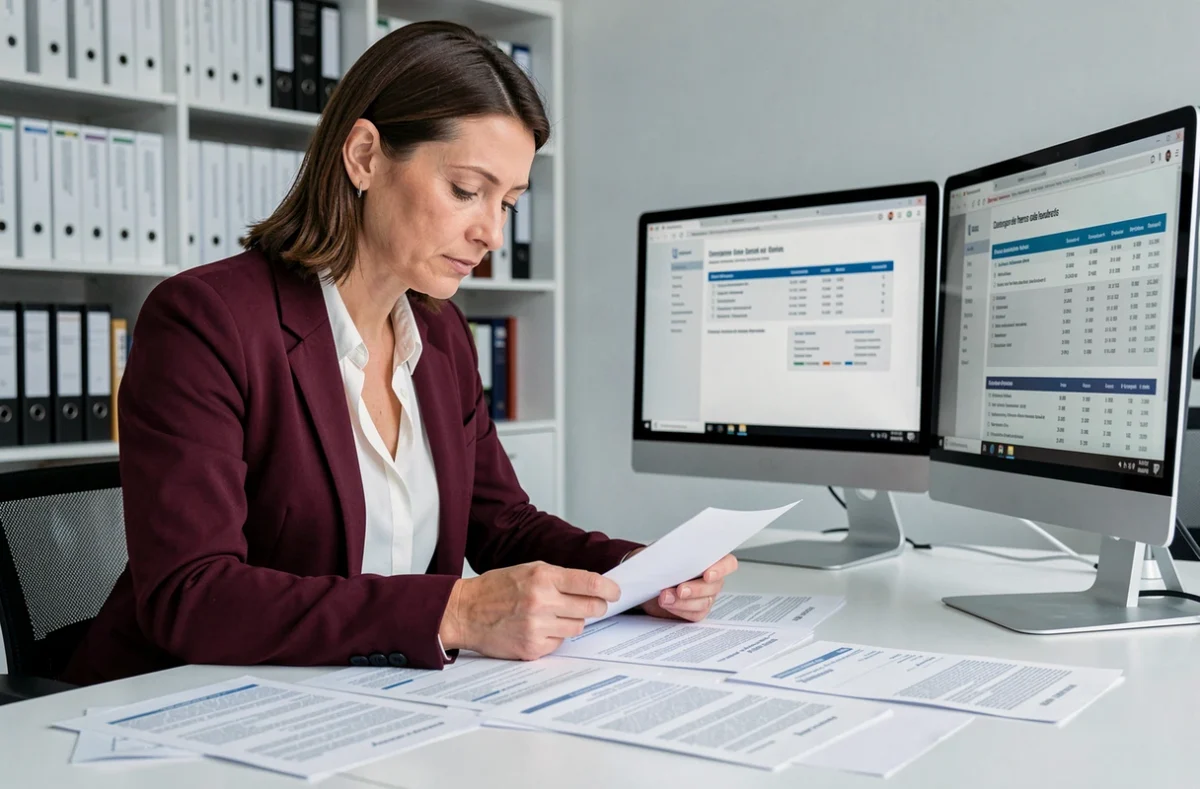 Conseillère fiscale de Fiscalia examinant des documents fiscaux complexes dans un bureau moderne