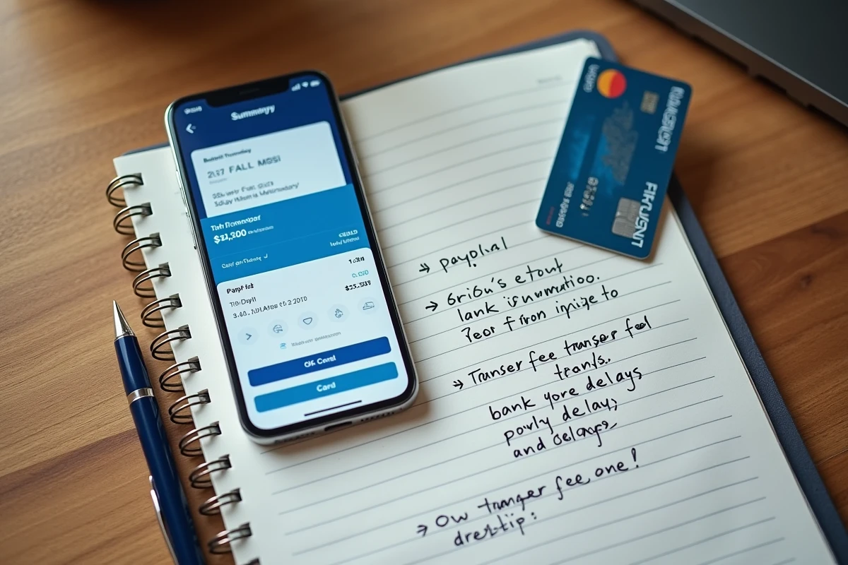 Vue de dessus d'un bureau avec smartphone affichant PayPal, carte bancaire et notes manuscrites sur les frais et délais de virement
