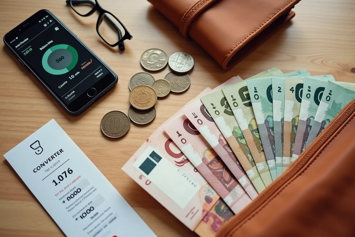 Vue aérienne de billets de dirhams marocains et d'euros avec un smartphone affichant un convertisseur de devises