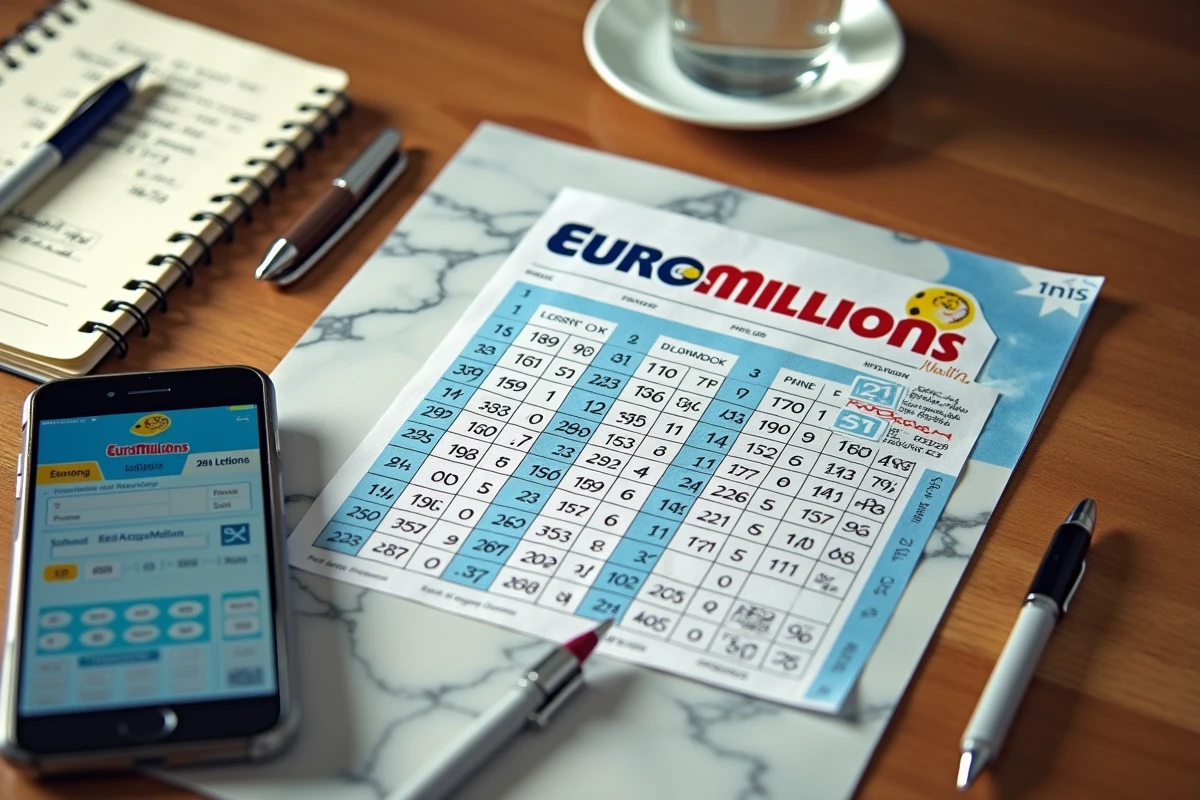 Vue de dessus d'un ticket EuroMillions Étoile Plus avec calculs de gains écrits dans un carnet