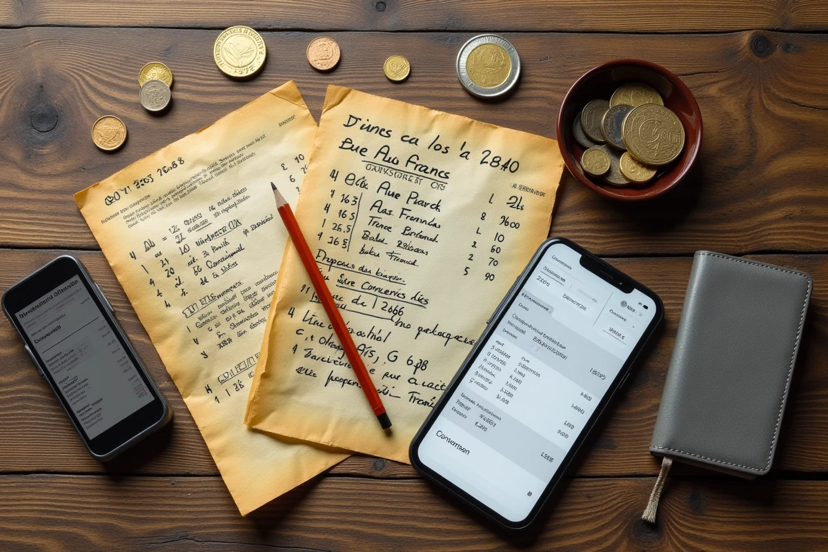 Vue de dessus de pièces en anciens francs, relevés bancaires vintage et smartphone affichant un convertisseur francs euros sur une table en bois
