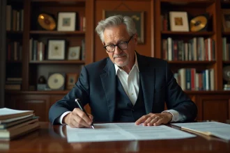 Homme d'affaires de l'industrie musicale examinant des contrats dans un bureau élégant entouré de disques d'or et de récompenses