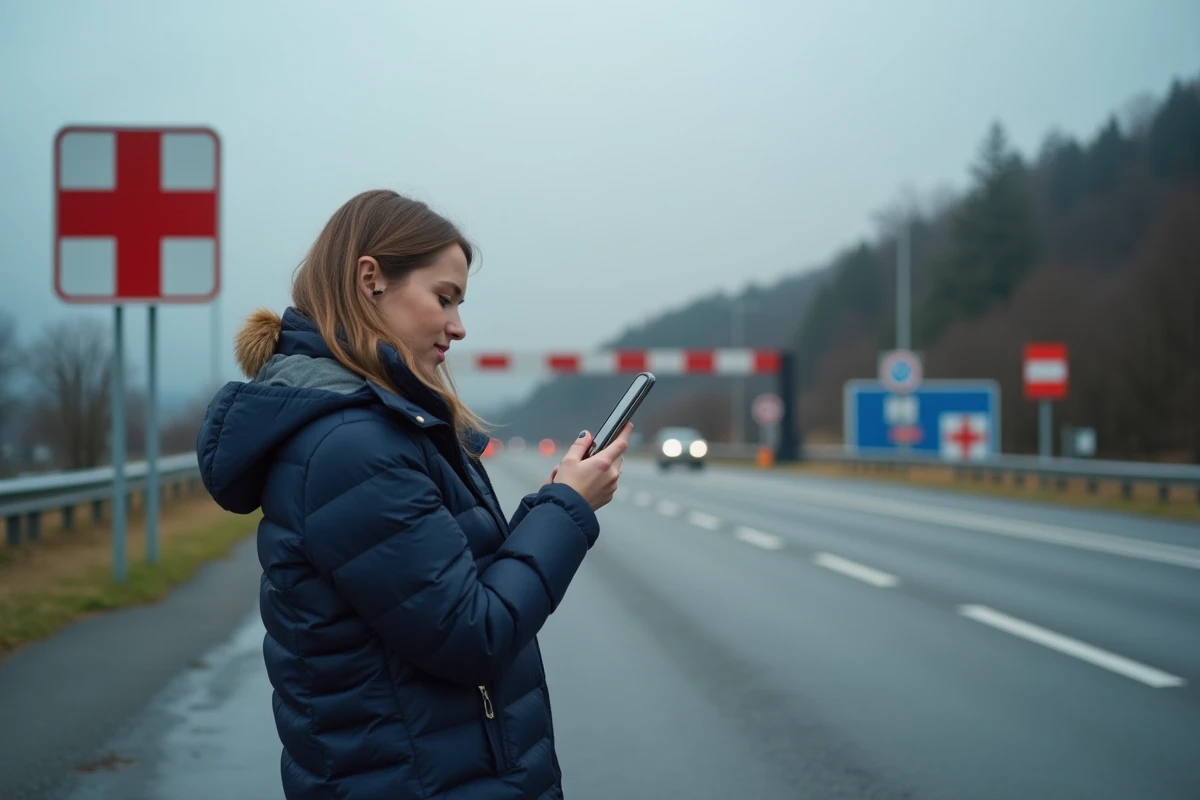 Une femme à la frontière franco-suisse consultant les prix des cigarettes en euros sur son téléphone en 2026