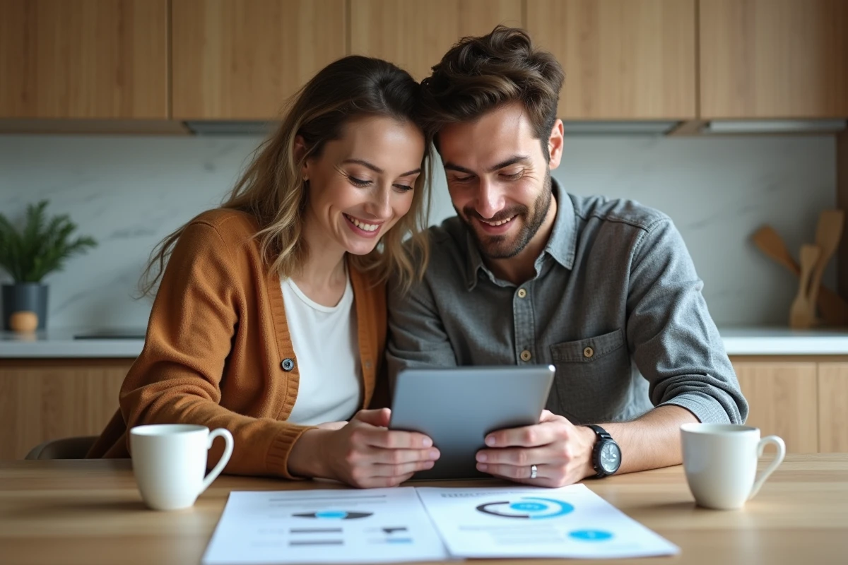 Couple gérant leurs contrats et données personnelles en sécurité depuis leur espace client à domicile