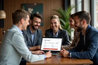 Groupe de quatre adultes discutant autour d'une table moderne