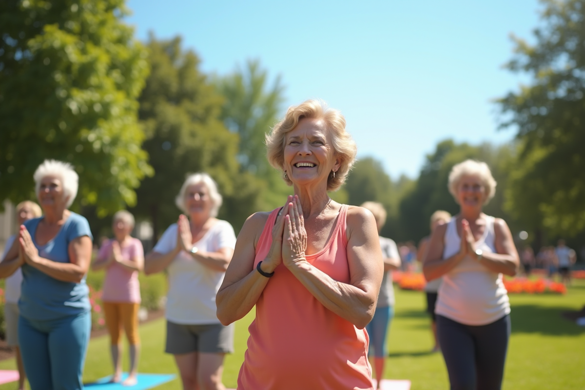 Groupe de seniors pratiquant yoga dans un parc ensoleille
