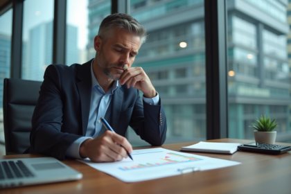Homme d'affaires en costume analyse un graphique de taux