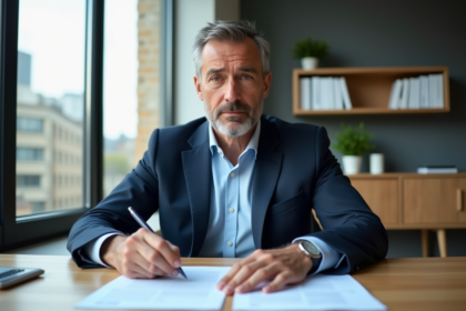 Homme d'affaires en costume bleu examinant un contrat de capitalisation