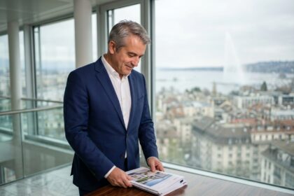 Homme d'affaires en costume à Geneve avec Jet d'Eau
