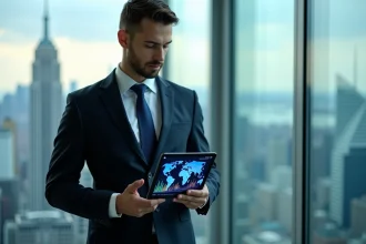 Jeune homme d'affaires regardant des données sur une tablette