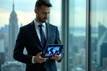 Jeune homme d'affaires regardant des données sur une tablette