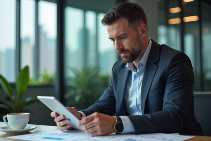 Homme d'affaires en costume analysant des graphiques financiers sur une tablette