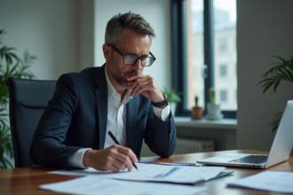 Homme d'affaires en costume examine des documents au bureau