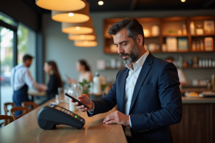Homme d affaires méditerranéen utilisant un paiement sans contact