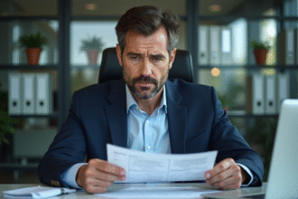 Homme d'affaires en costume bleu examine des documents financiers