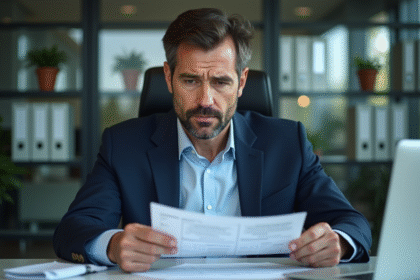 Homme d'affaires en costume bleu examine des documents financiers