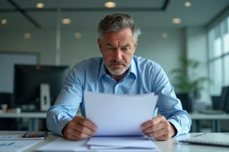 Homme d affaires anxieux examinant des papiers au bureau