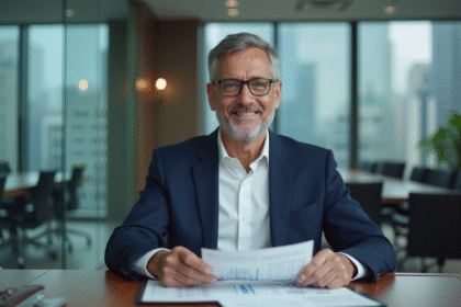 Homme d'affaires en costume navy dans un bureau moderne