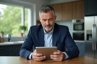 Homme d'affaires en costume vérifiant ses transactions sur tablette