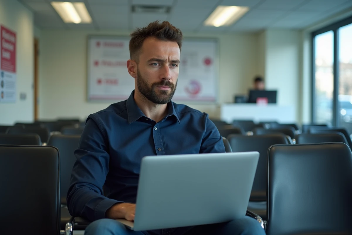 Homme cherchant des informations sur son versement Pôle emploi sur un ordinateur dans une agence France Travail
