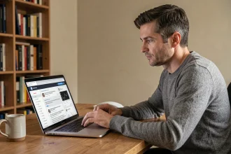 Homme analysant un forum financier Boursorama Orange sur son ordinateur portable dans un bureau à domicile