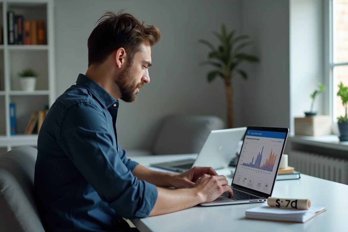 Homme analysant les taux du Livret A sur son ordinateur portable dans un bureau à domicile moderne