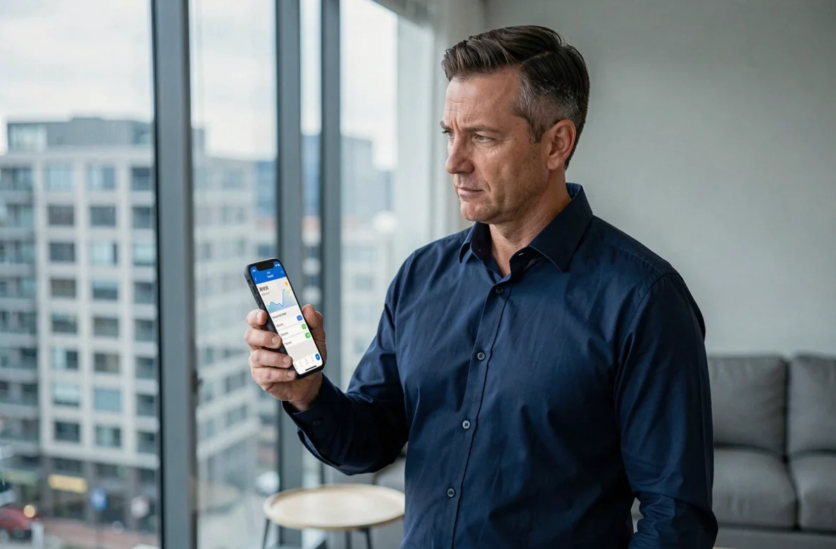 Homme consultant son espace bancaire LCL sur smartphone depuis son appartement urbain