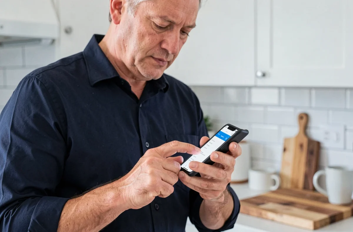 Homme consultant son application bancaire sur smartphone depuis sa cuisine avant une première connexion sécurisée