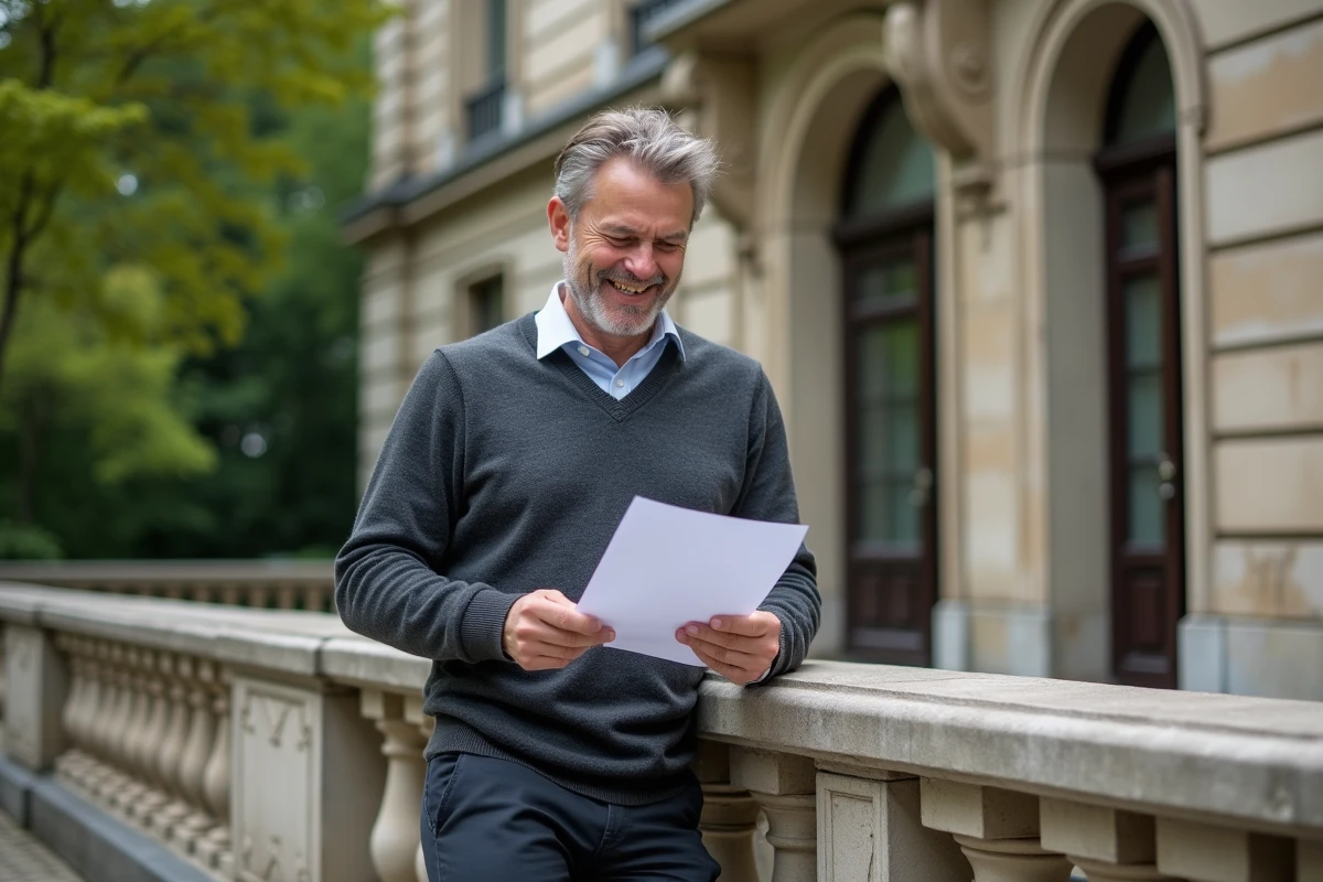 Homme en extérieur devant un bâtiment administratif