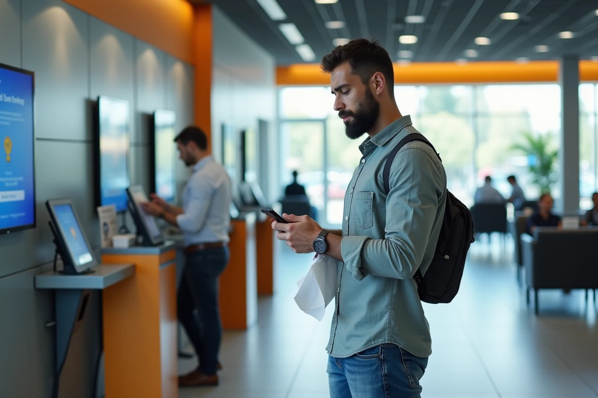 Jeune homme frustré dans une agence bancaire moderne