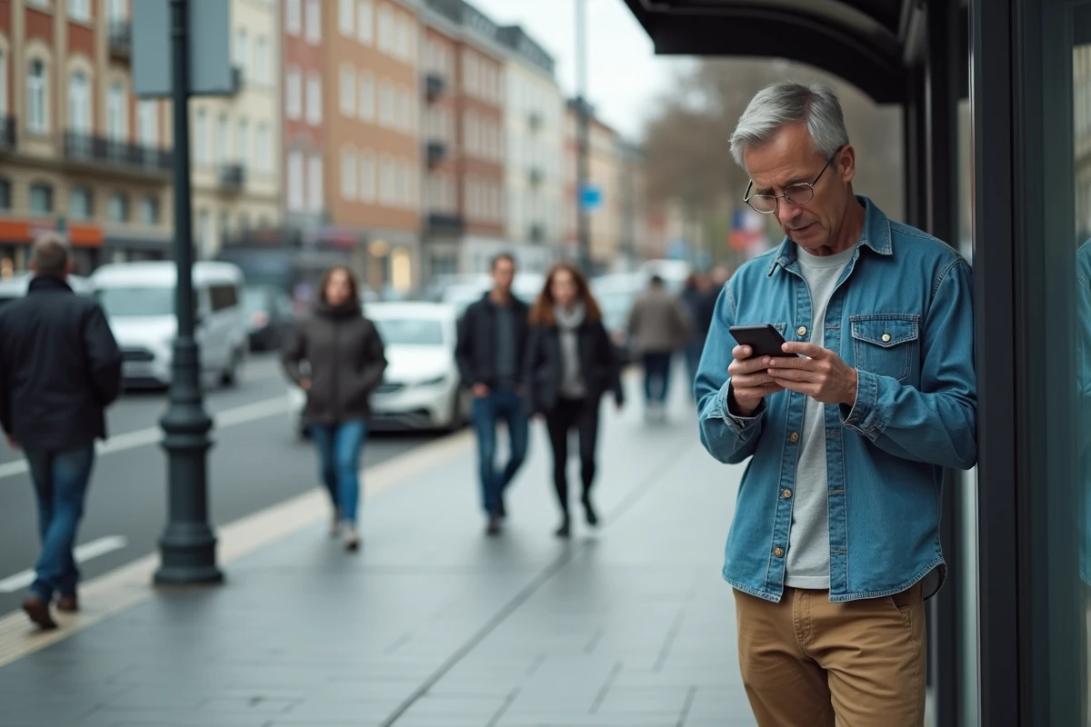 Homme d âge moyen au arrêt de tram en ville avec smartphone