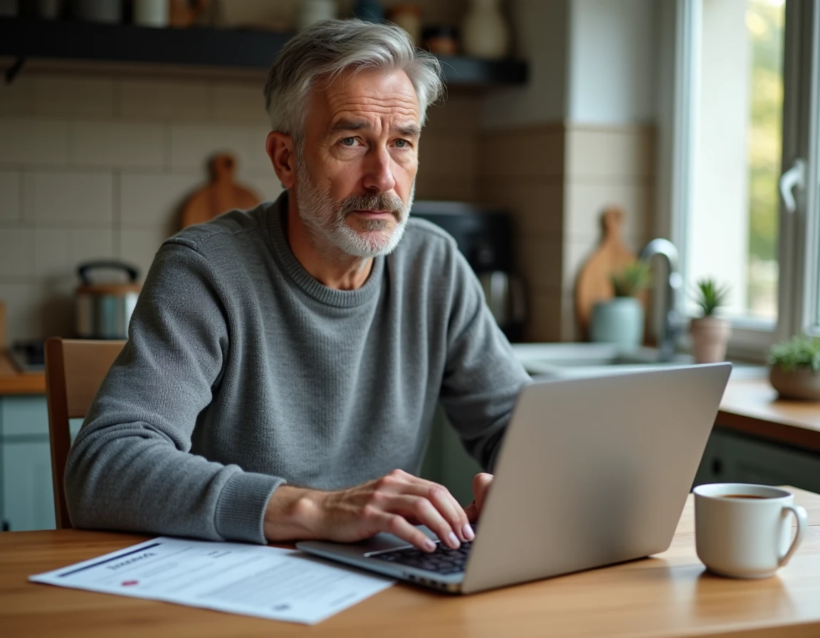 Homme rédigeant un avis client sur l'assurance voyage Leclerc depuis sa cuisine