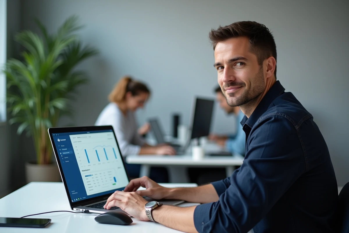 Homme gérant ses opérations bancaires en ligne sur ordinateur portable dans un espace de coworking moderne