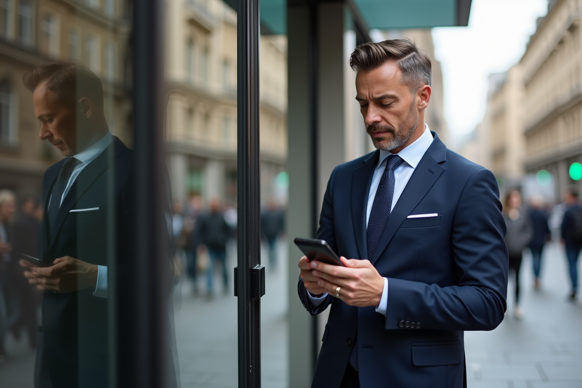 Homme d affaires consulte une application financière