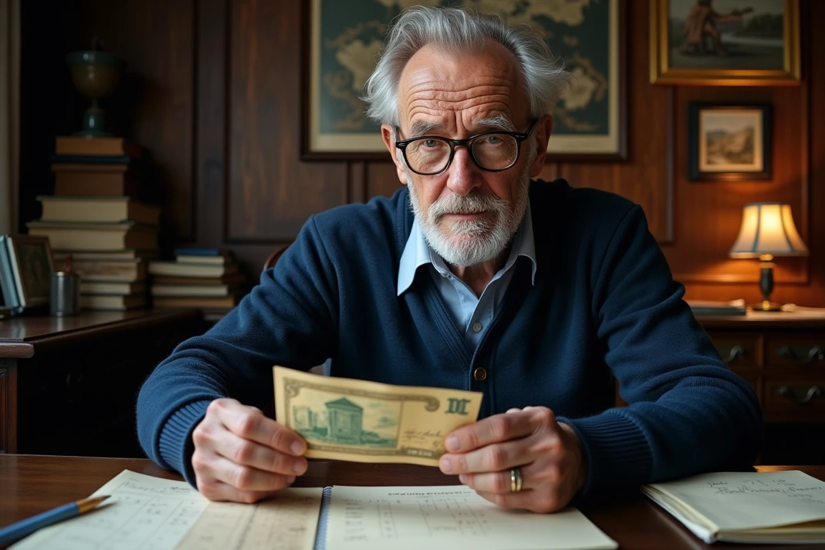 Homme âgé tenant un billet en anciens francs français et un tableau de conversion francs euros dans un bureau à domicile