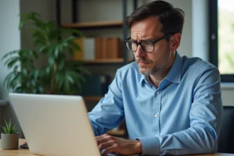 Homme d'âge moyen frustré devant son ordinateur dans un bureau moderne
