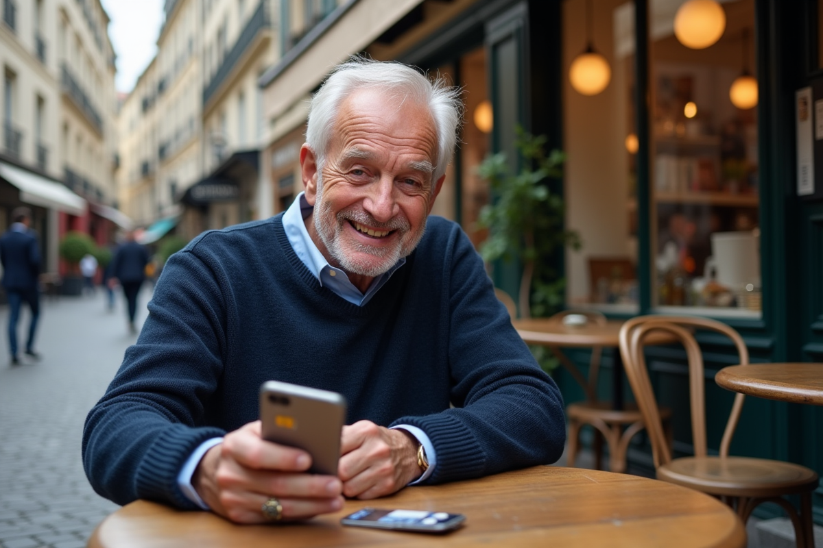 Homme age souriant avec carte et smartphone au cafe