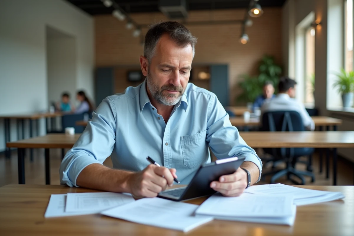 Homme français calculant charges sociales sur tablette